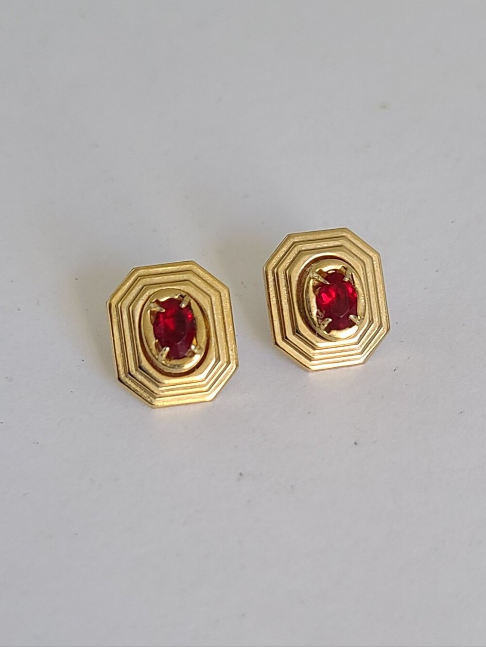 Vintage Luxury Costume Gold Plated Hexagonal Red Crystal Centre Stud Earrings